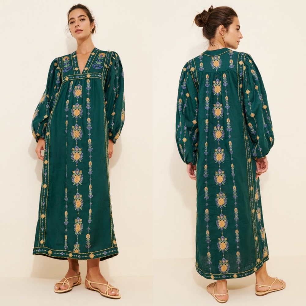 FARM Rio Green Embroidered Maxi Dress with Yellow & Blue Accents
